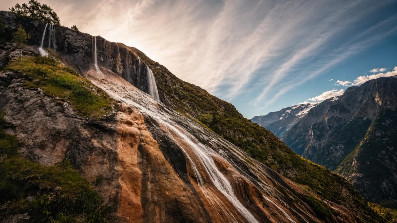Majestic waterfalls set against an Alpine landscape that invites adventure and wonder.