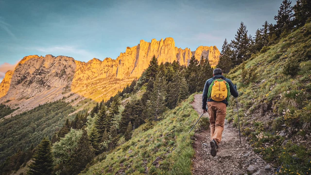 A hiker on a leafy path, with Mont Aiguille in the background, bathed in sunlight.