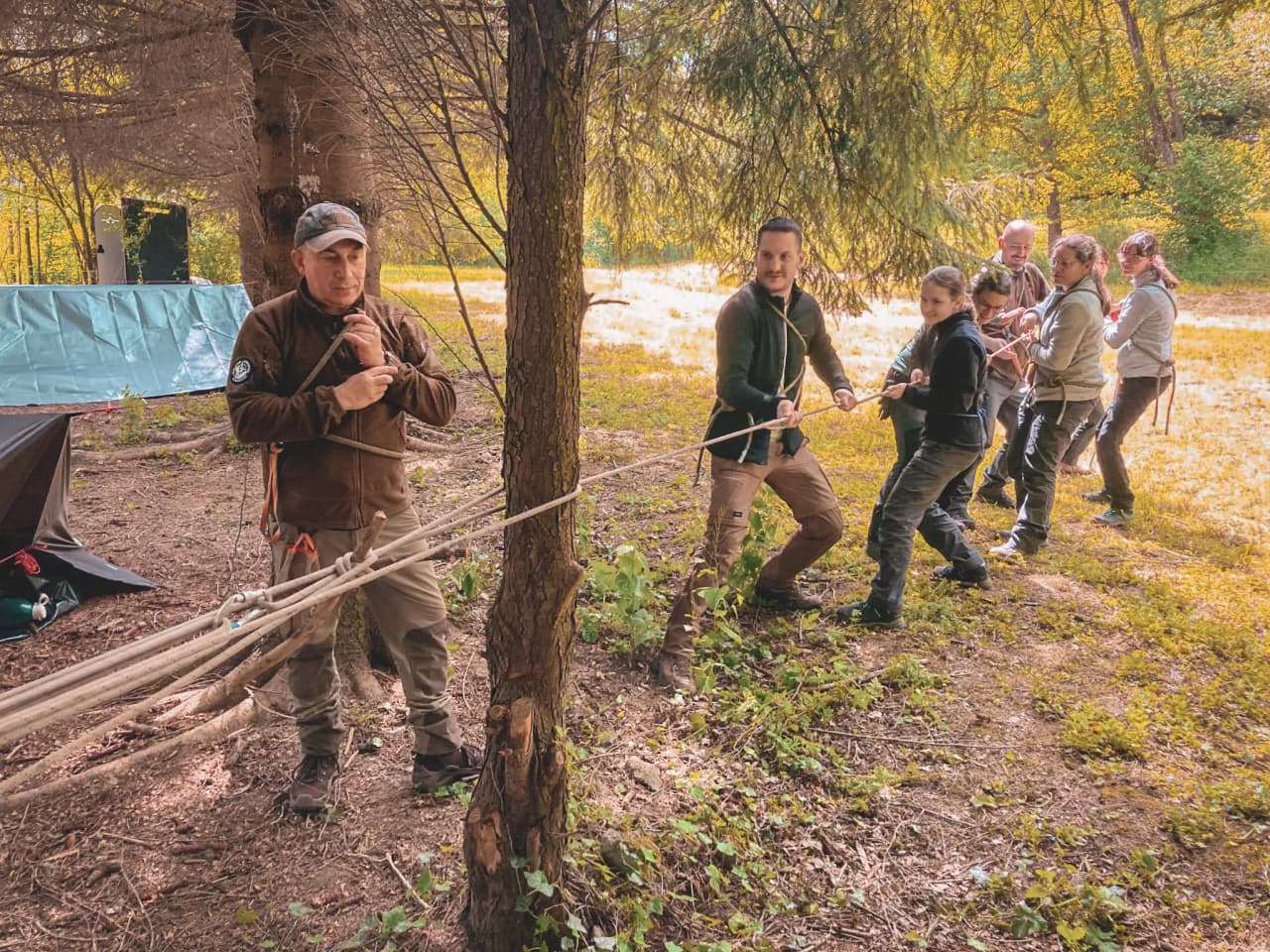 Groupe en pleine activité de survie en forêt, apprenant à utiliser des cordes et à collaborer.