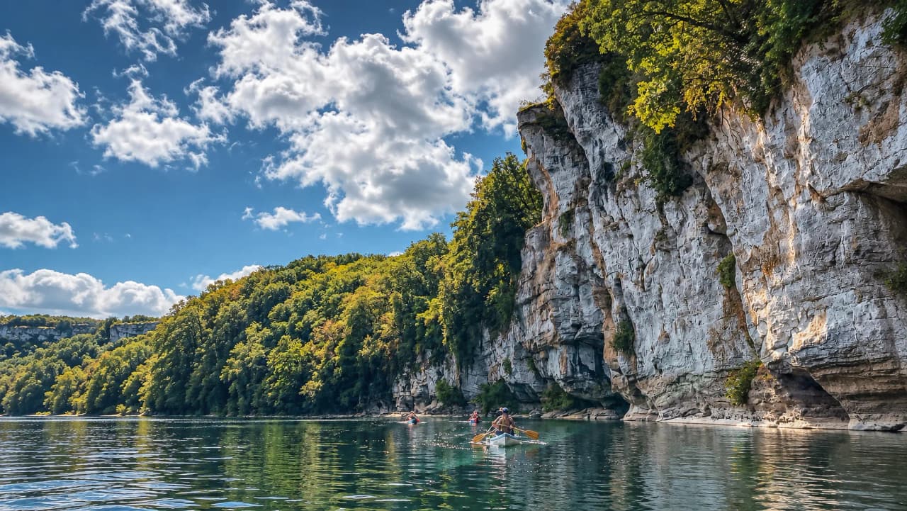 Canoë sur une magnifique rivière entourée de falaises verdoyantes sous un ciel ensoleillé.