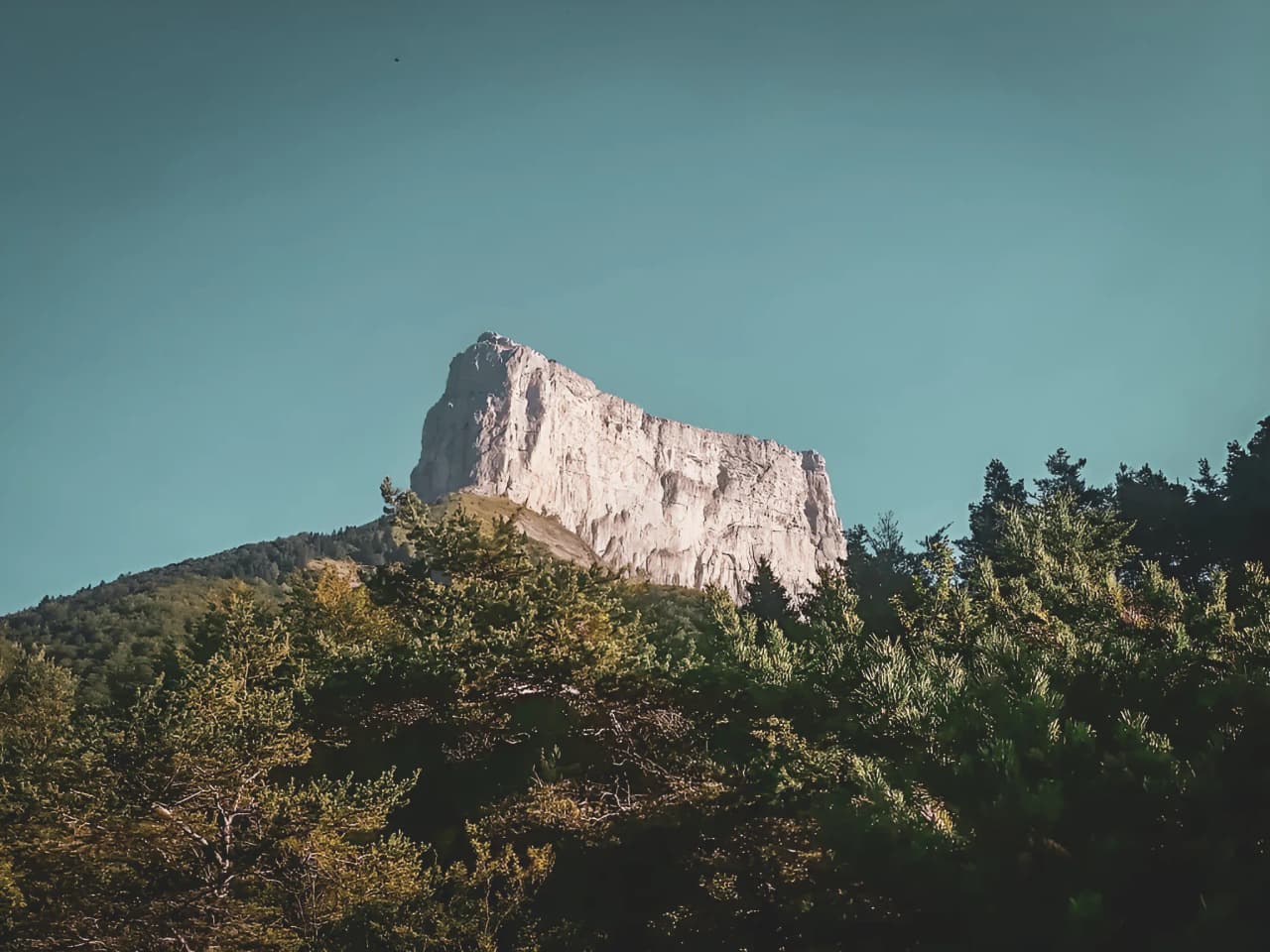 Mont Aiguille rises majestically, surrounded by lush green forest under a perfect blue sky.