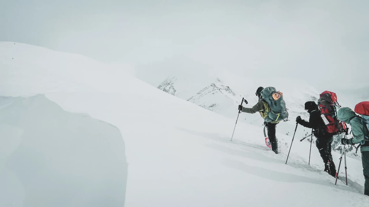 Snowshoe trekkers confront the immaculate snows of the Écrins, facing majestic glaciers.
