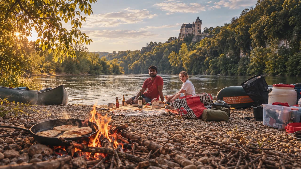Canoë au bord de la Dordogne, feu de camp, repas convivial et château en toile de fond.