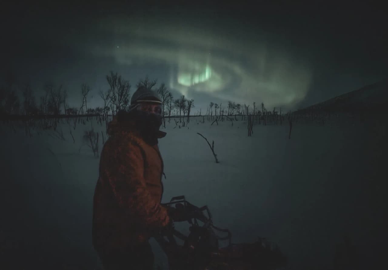 A musher under the northern lights, surrounded by snow and lunar landscapes in Norwegian Lapland.