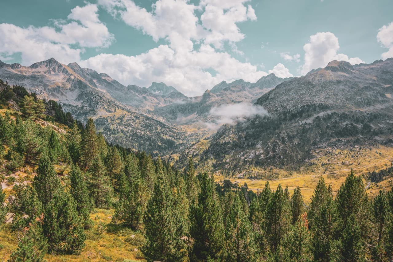 Panorama majestueux des Pyrénées, lacs d'altitude et forêts verdoyantes sous un ciel ensoleillé.