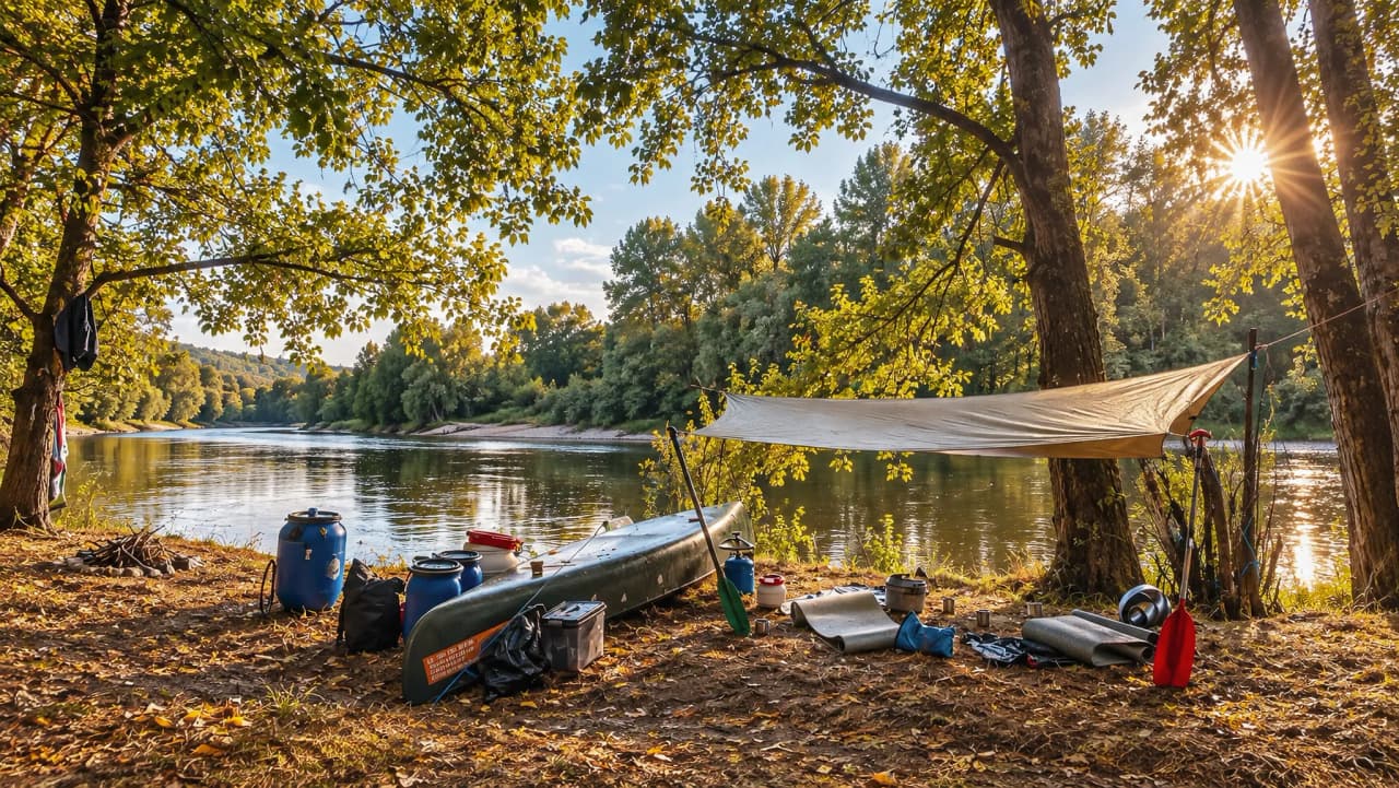 Canoë à l'arrêt sous des arbres, campement paisible au bord de la Dordogne, lumière dorée du soir.