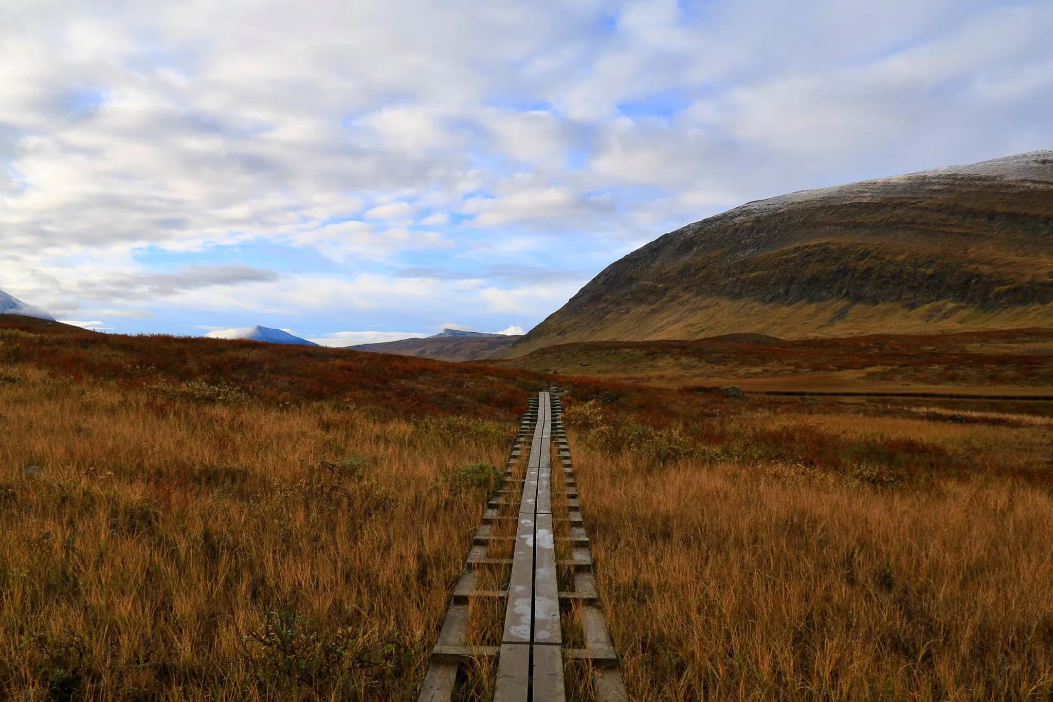 Un chemin en bois s'étend à travers un paysage vallonné, entouré de champs de terre dorée et de végétation, légèrement colorée par des teintes automnales. Au loin, des montagnes se dessinent sous un ciel nu