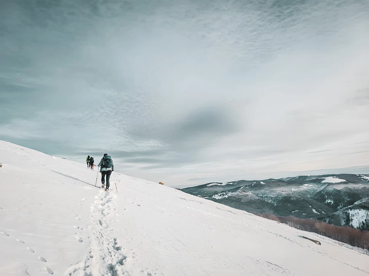 Snow-covered path in the Vosges, hikers enjoy the majestic scenery.