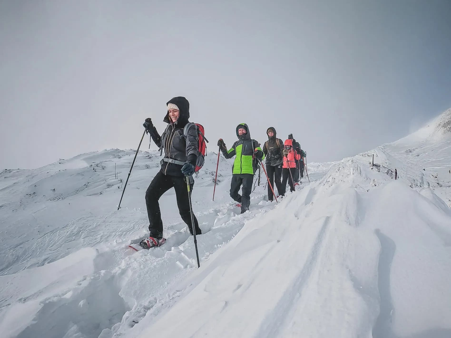 A group of snowshoe hikers happily making their way through the snow in the Vosges.