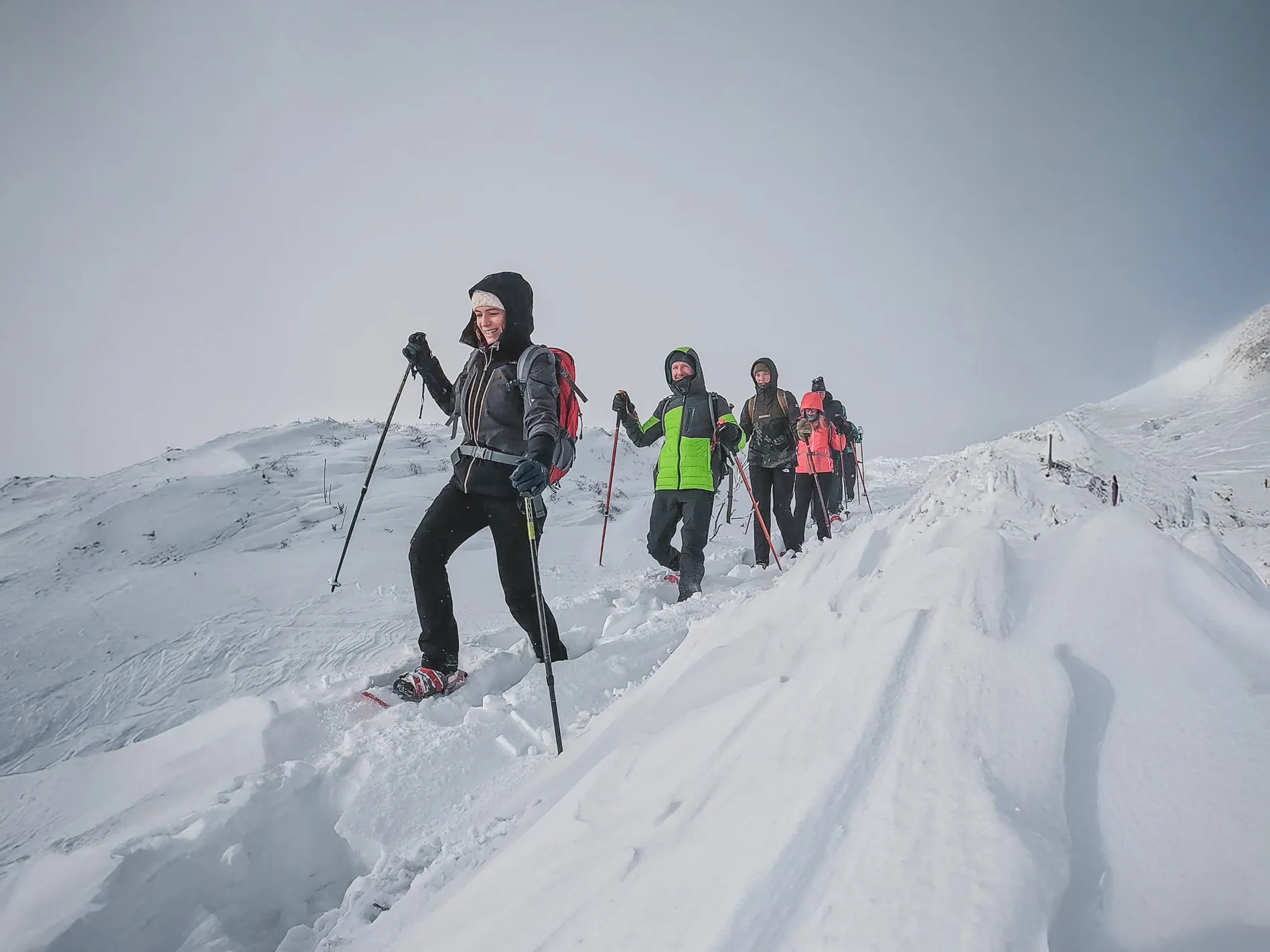 A group of snowshoe hikers happily making their way through the snow in the Vosges.
