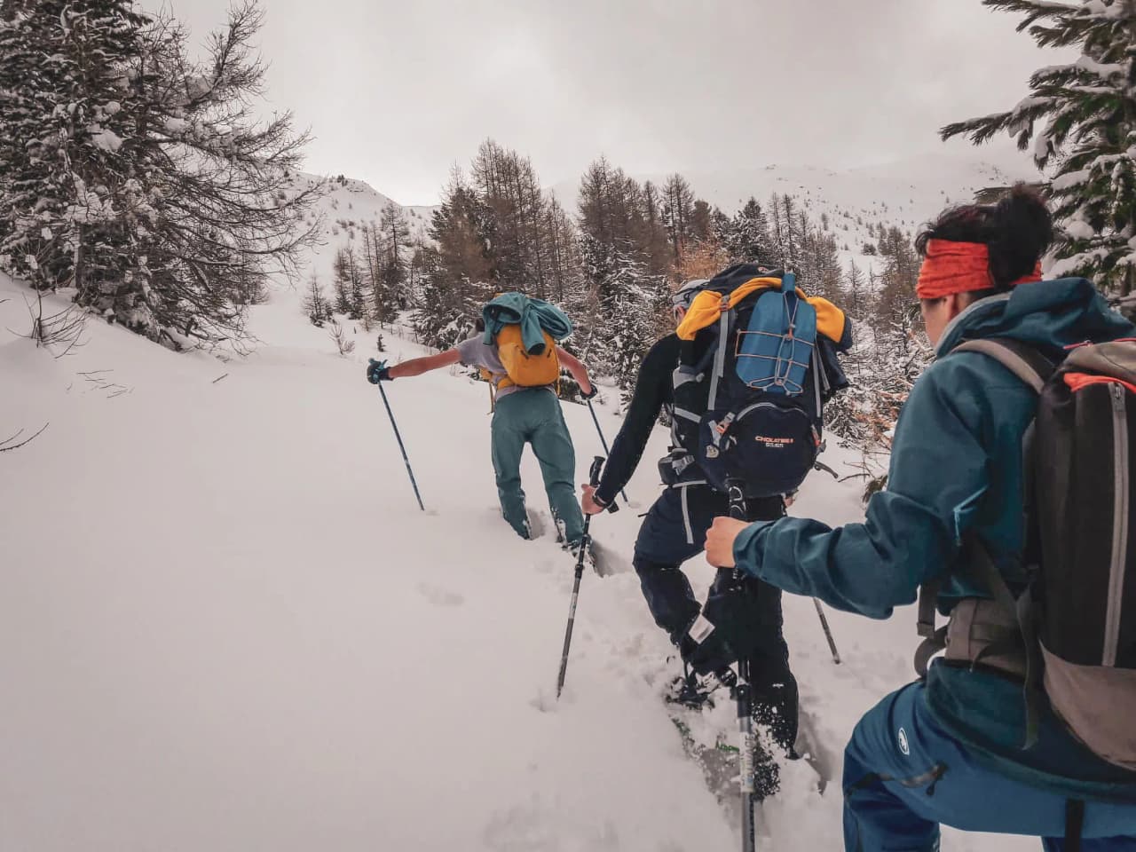 A group of snowshoe hikers making their way through the snow in Haute-Ubaye, Alps.