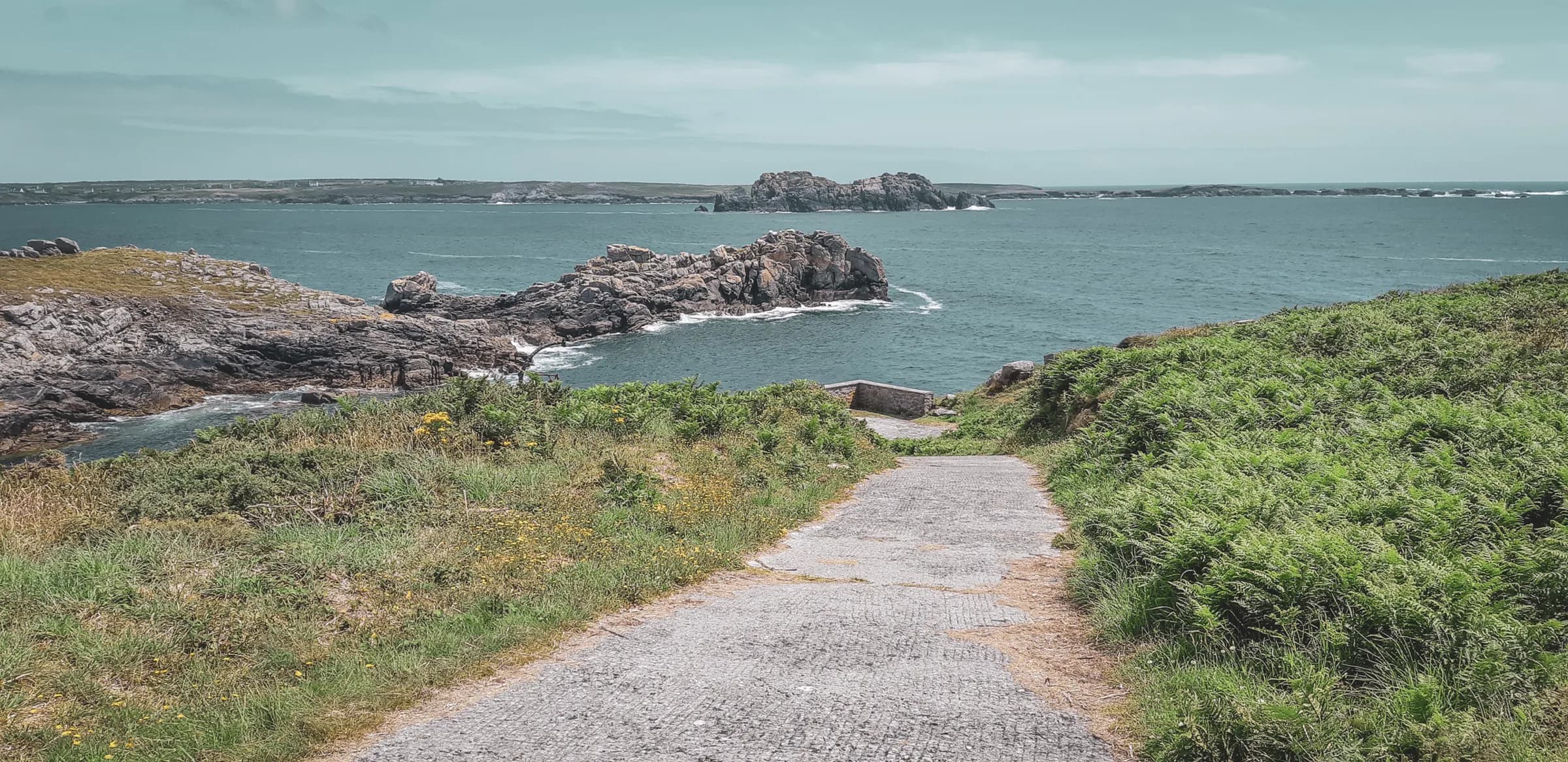 A winding path leading down to the sea, surrounded by greenery and rocky outcrops, an invitation to adventure.