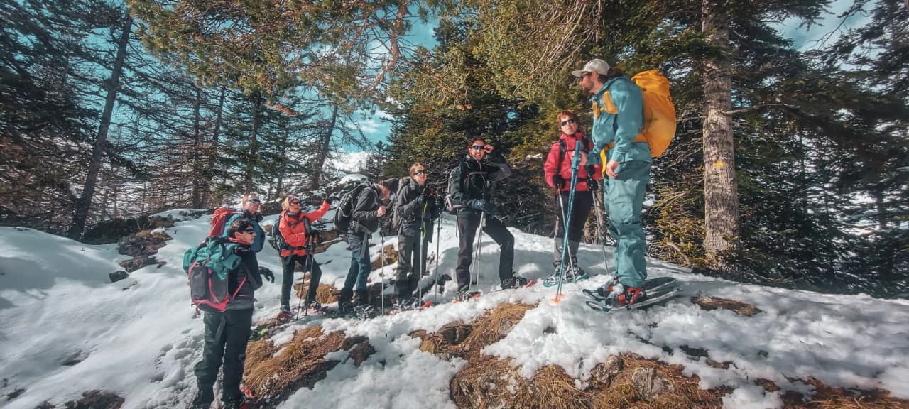 A group of adventurers on snowshoes under a blue sky, surrounded by snow and pine trees in Haute-Ubaye.