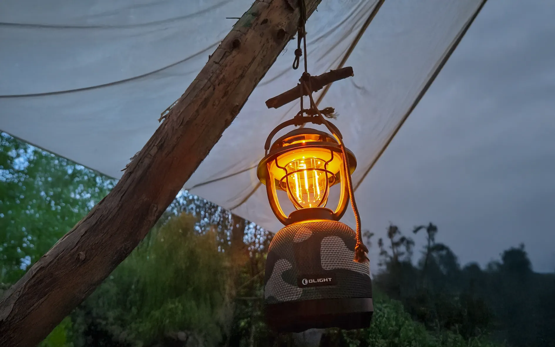 Lanterne suspendue dans une nuit paisible en forêt, créant une ambiance chaleureuse.