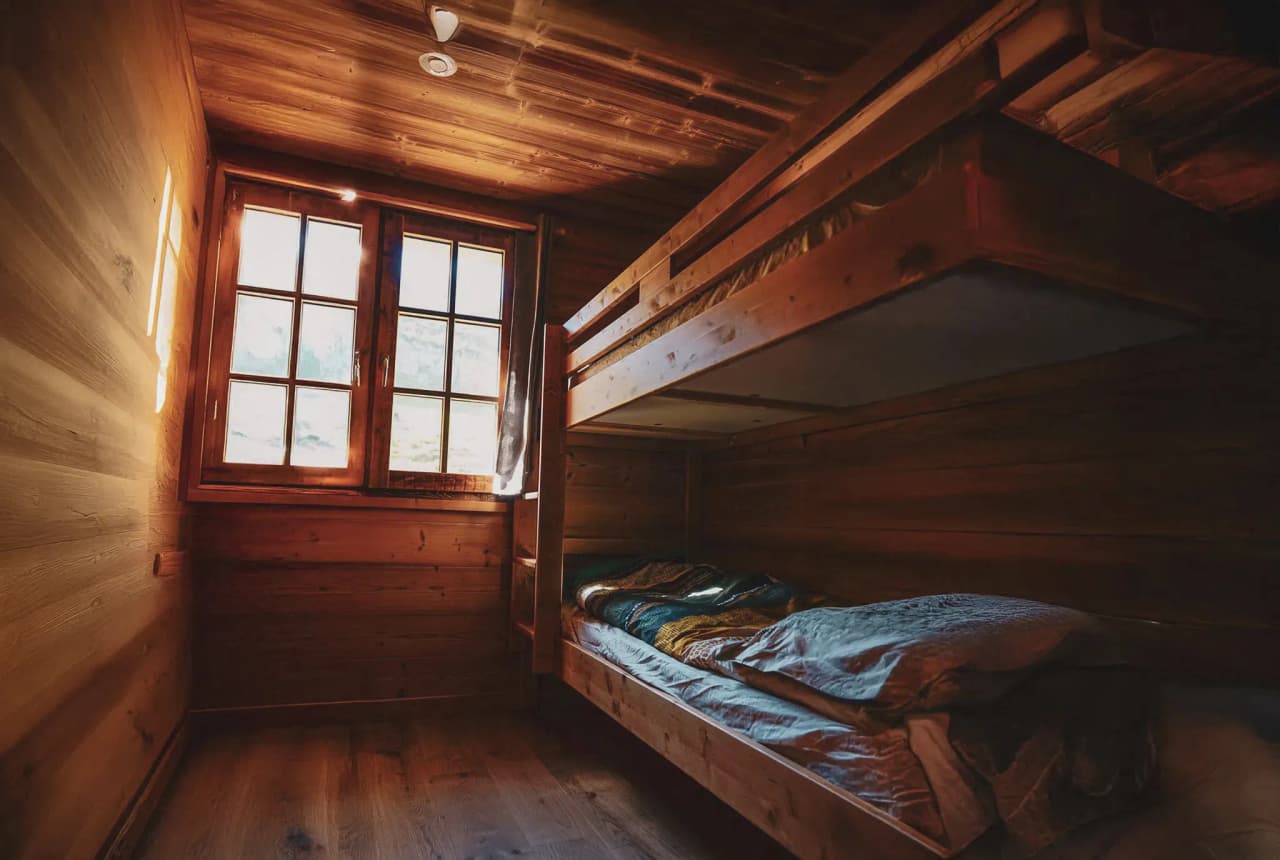 A cosy wooden room with bunk beds and natural light, ideal for an alpine break.