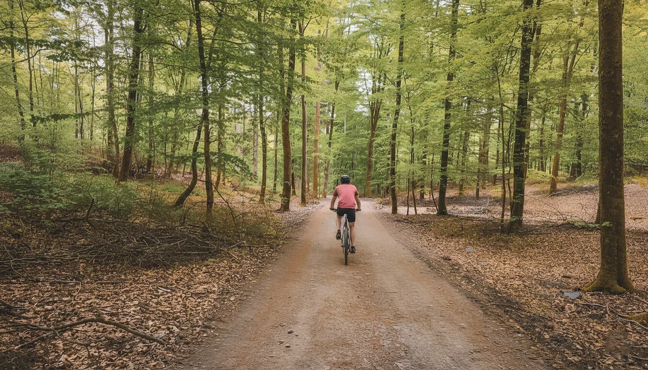Cycling along a leafy forest track, an invitation to adventure in the heart of nature.