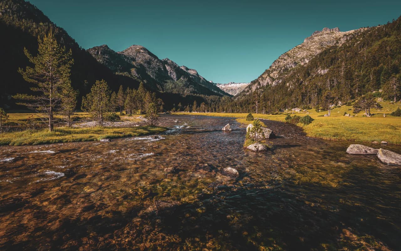 Un paysage enchanteur des Pyrénées, avec ruisseau cristallin et montagnes majestueuses.
