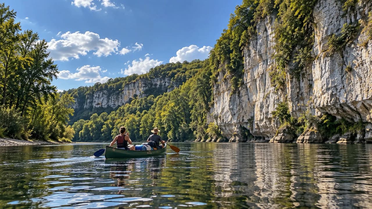 Canoë sur la Dordogne, entre falaises verdoyantes et ciel ensoleillé, invitation à l'évasion.