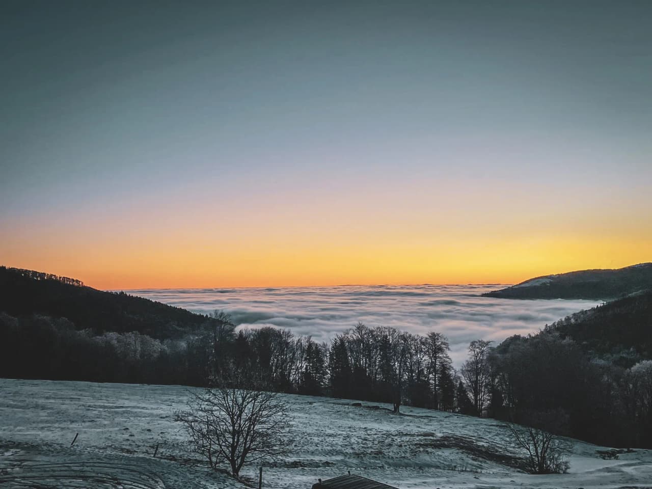 Sunrise over a sea of clouds in the Vosges, a soothing and enchanting landscape.