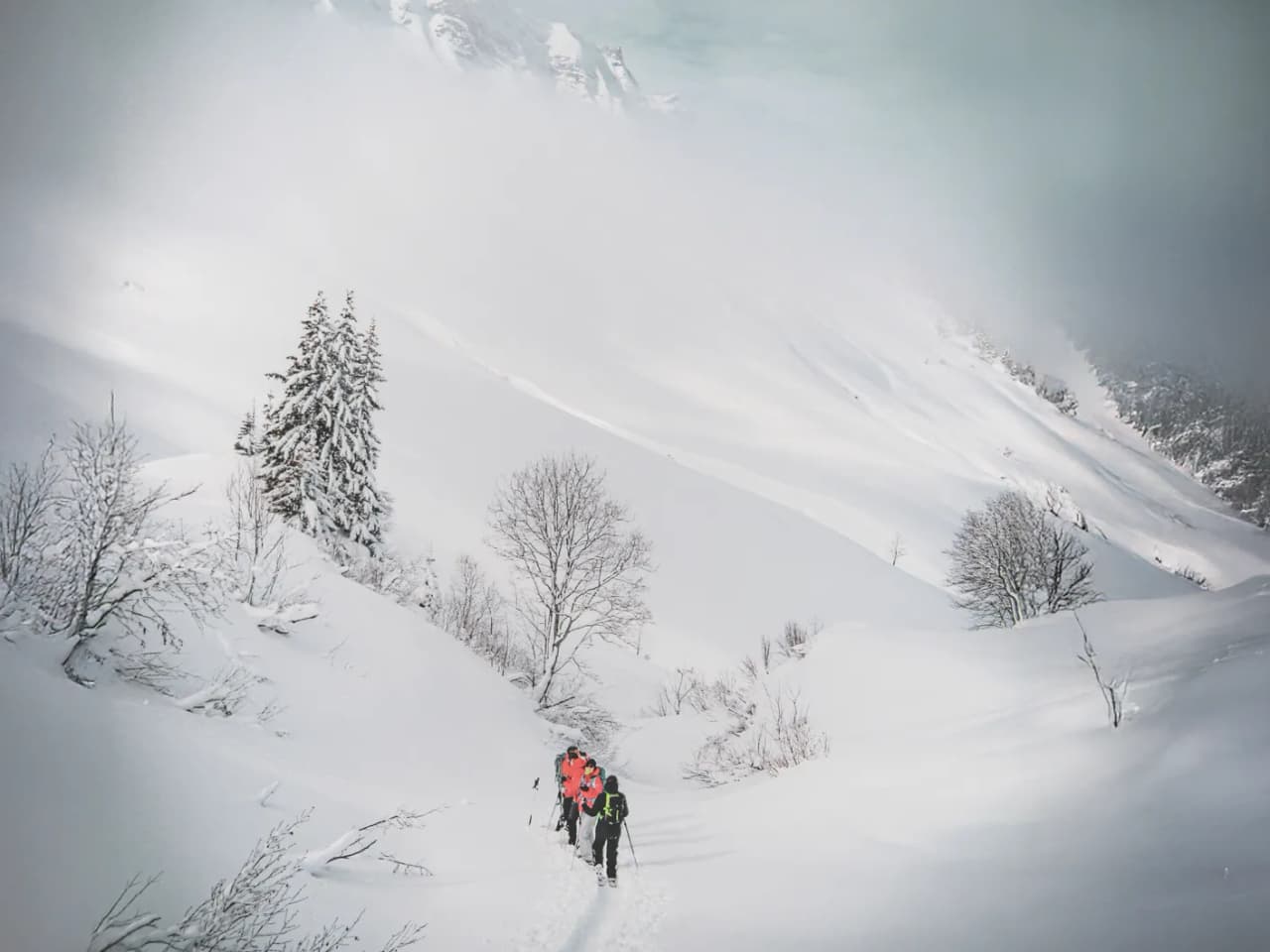 Snowshoe hikers make their way through the majestic snow-covered landscape of the Clarée valley.