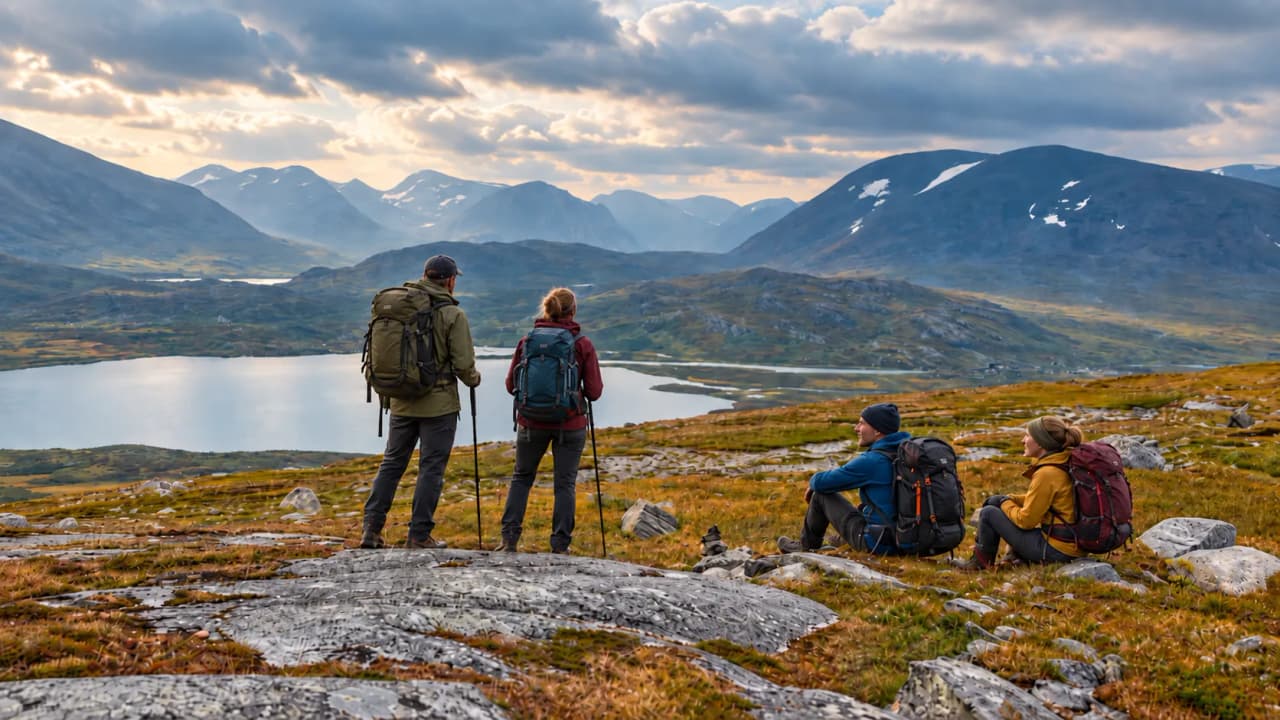 Randonneurs contemplant un paysage paisible en Laponie, montagnes et lacs scintillants en toile de fond.