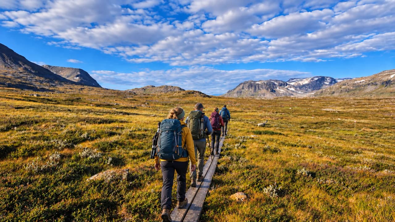 Randonneurs sur un sentier en Laponie suédoise, entourés de paysages majestueux.