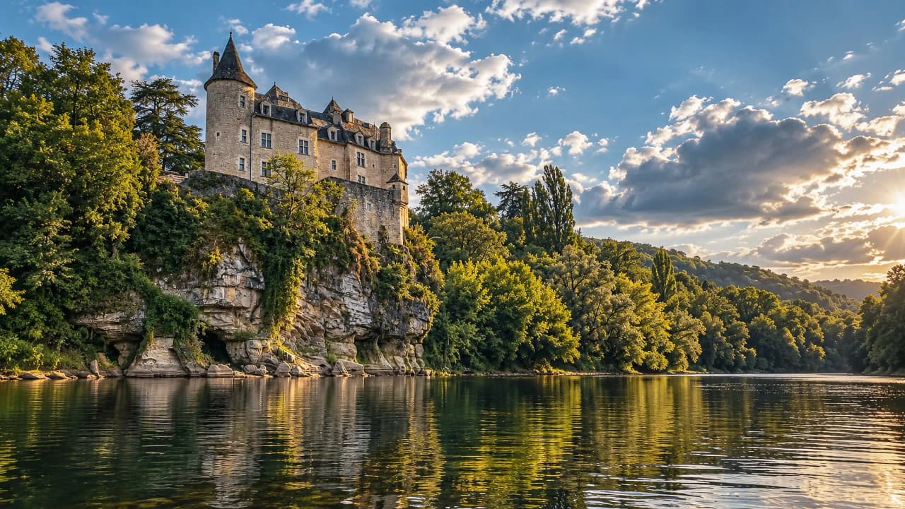 Château majestueux surplombant la Dordogne, reflet dans l'eau et ciel illuminé. Évasion parfaite !