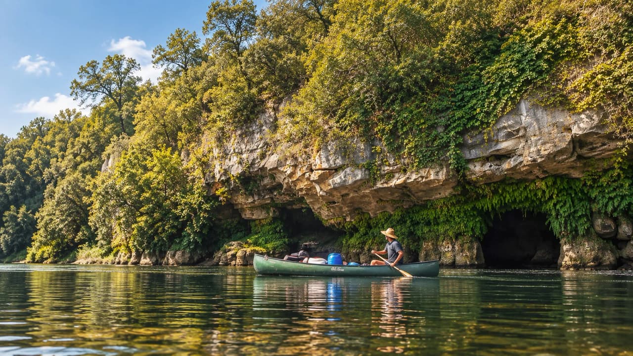 Canoë paisible sur la Dordogne, entouré de falaises verdoyantes et d'une nature luxuriante.