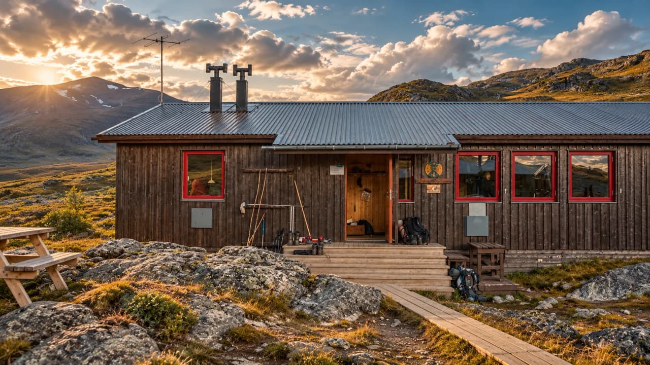 Une accueillante cabane en bois avec de grandes fenêtres, entourée de paysages montagneux spectaculaires.