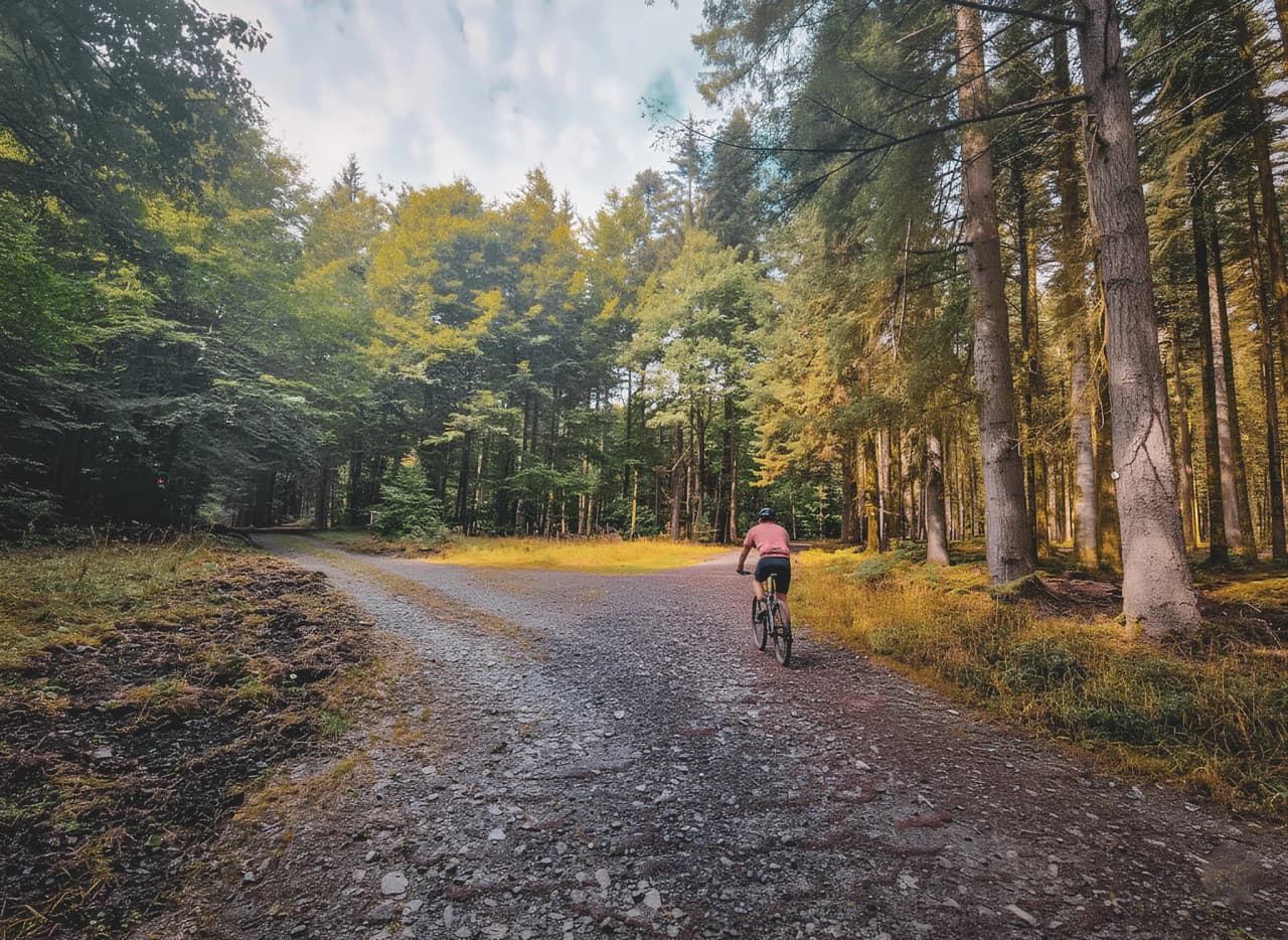 A cyclist rides through an Ardennes forest, surrounded by golden lights and peaceful nature.