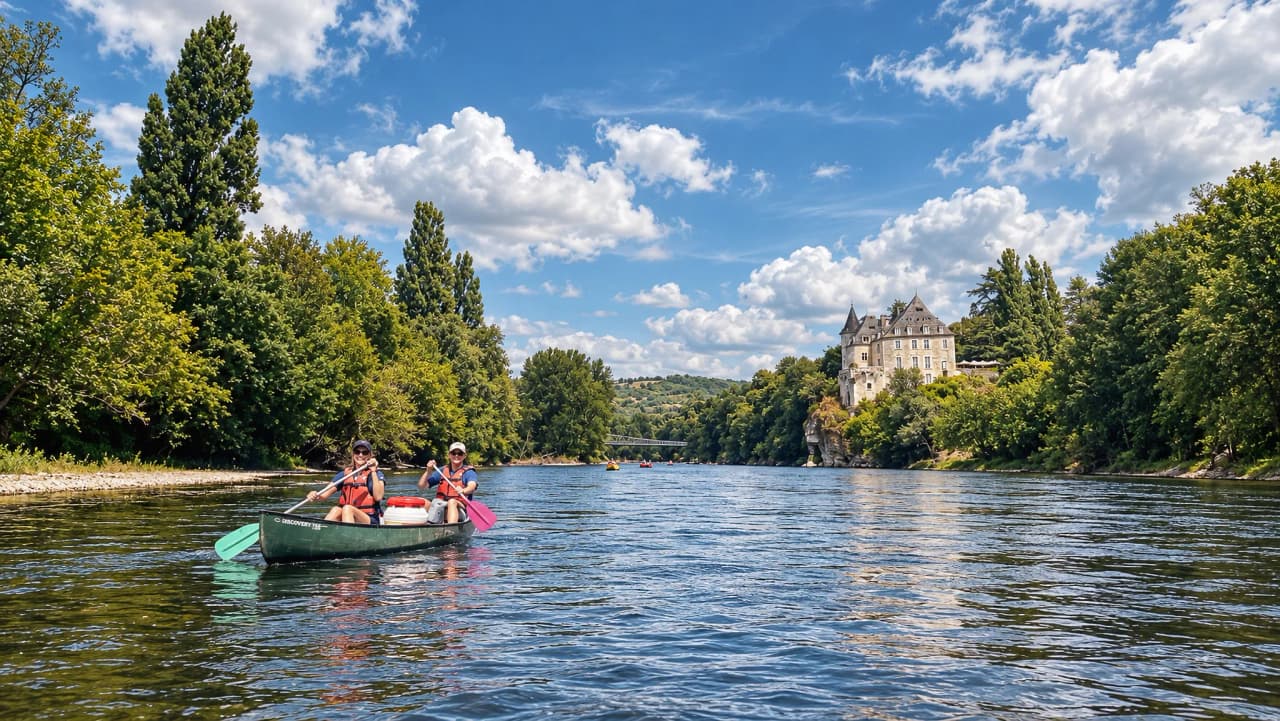 Canoë sur la Dordogne, avec des châteaux pittoresques en arrière-plan et un ciel ensoleillé.
