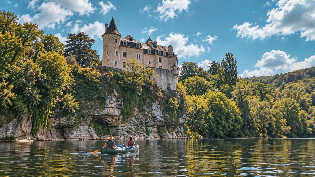 Canoë sur la Dordogne, château majestueux et nature verdoyante, invitation au voyage.