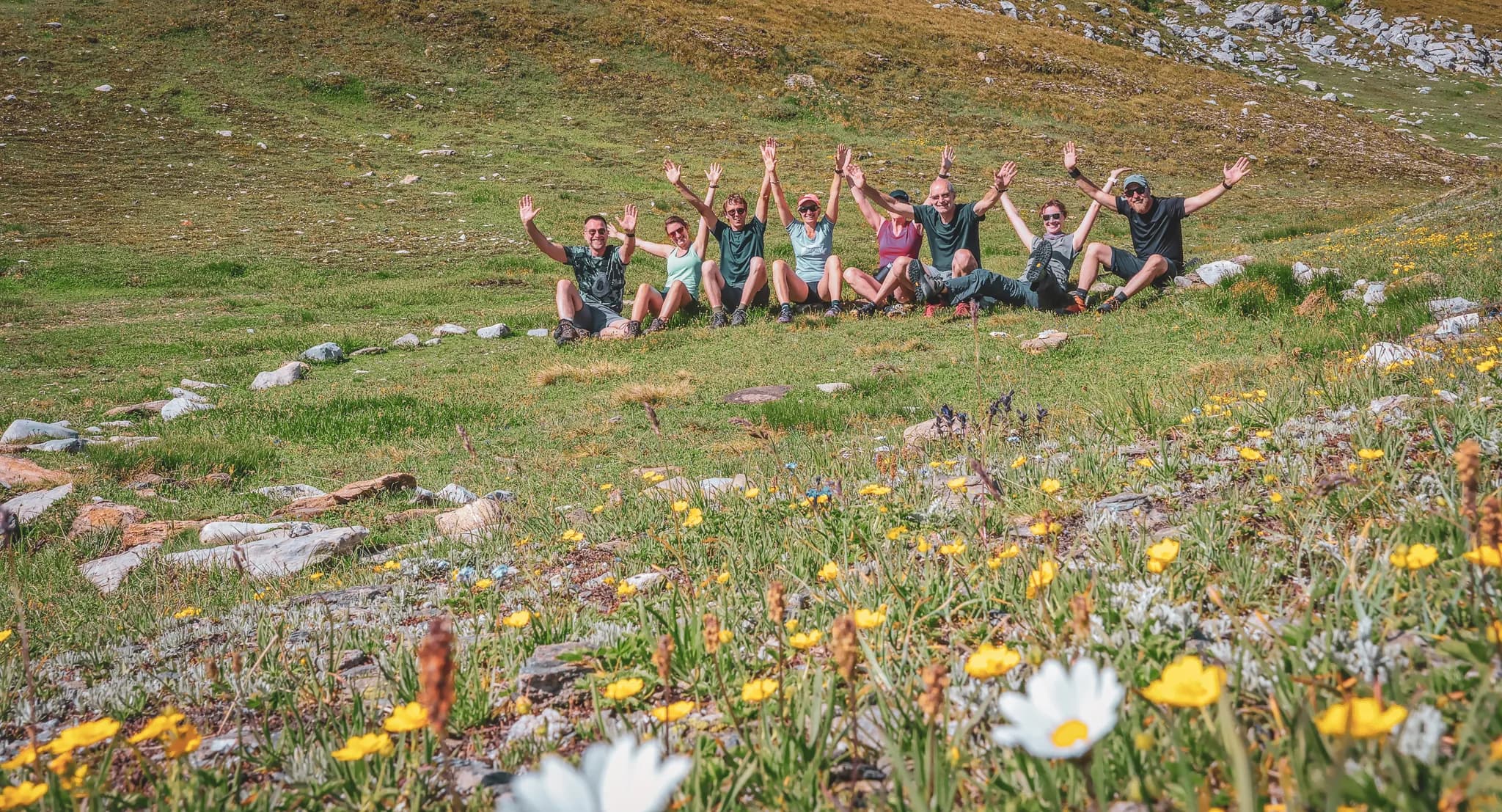 A group of eight people are sitting on a green lawn, surrounded by yellow and white wild flowers. All the participants seem joyful, raising their arms in celebration or excitement. In the background