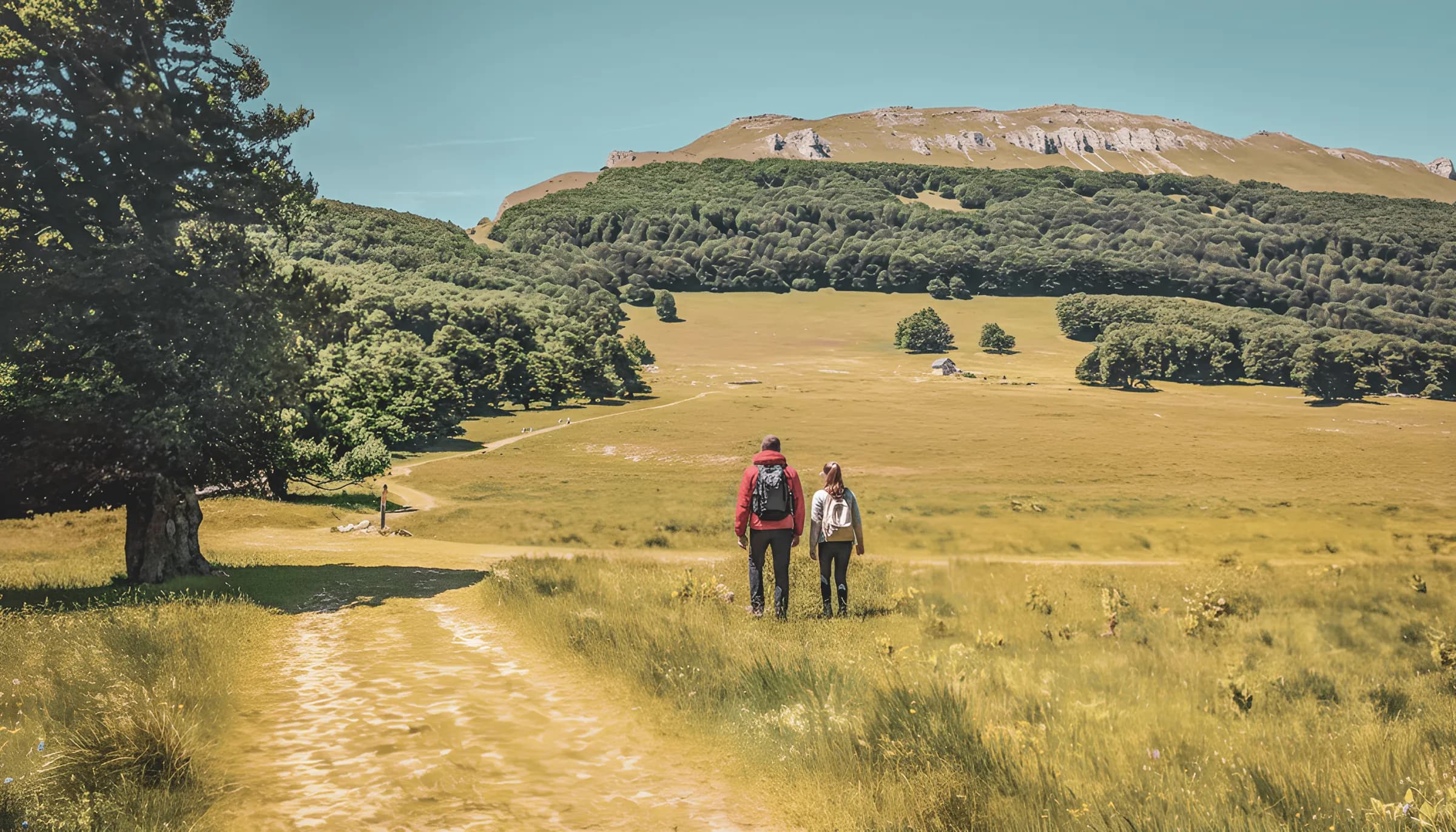 Deux randonneurs marchent main dans la main sur un sentier verdoyant, entourés de montagnes majestueuses.